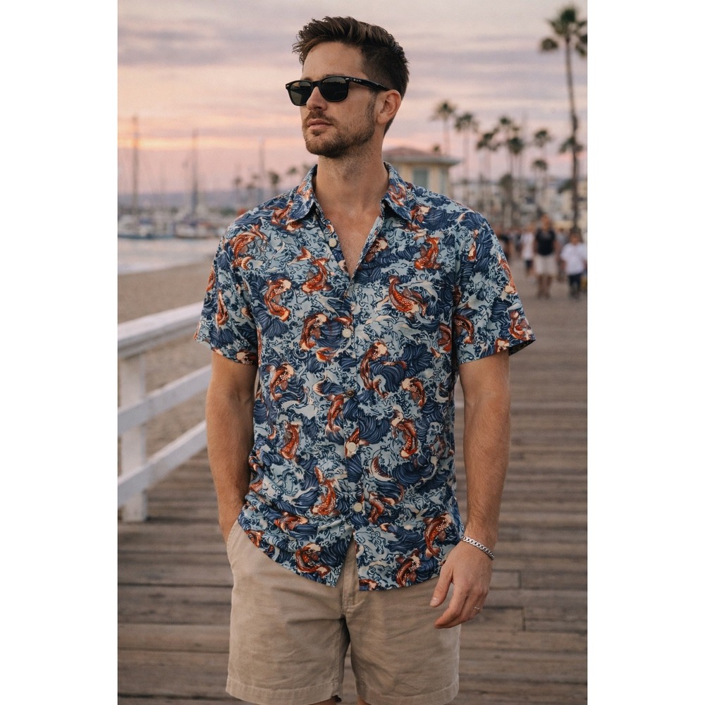 Super Massive Koi Fish Wave Japanese Print Cotton Short Sleeve Button Down Sz M